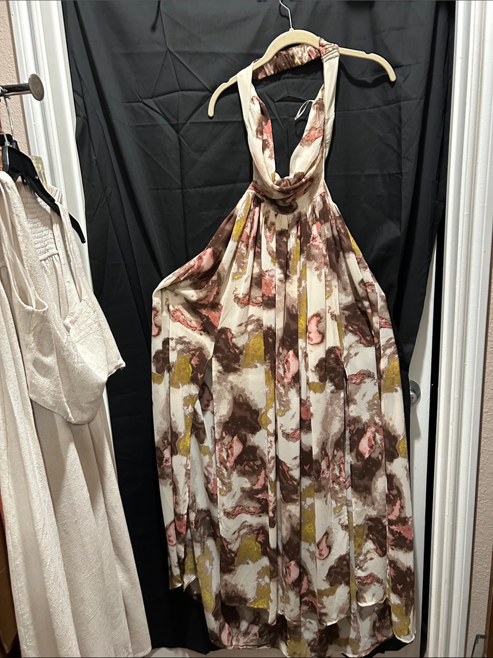 Fashion Nova Cream Floral Halter Maxi Dress with Brown, Pink & Mustard Accents